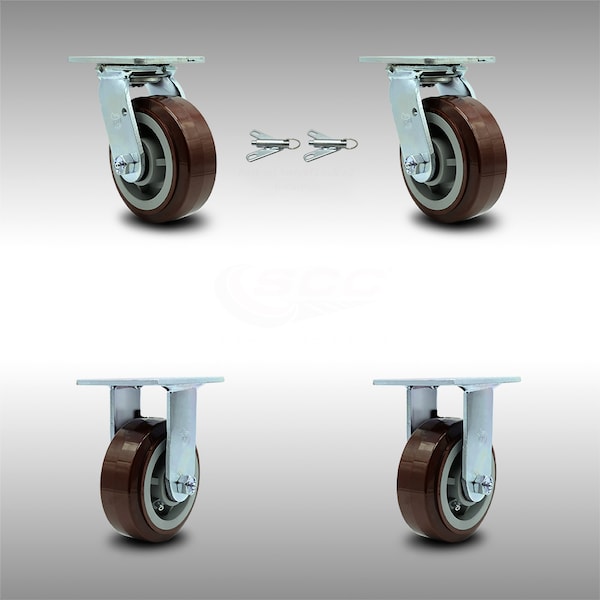 5 Inch SS Polyurethane Caster Set with Roller Bearings 2 Swivel Lock 2 Rigid SCC